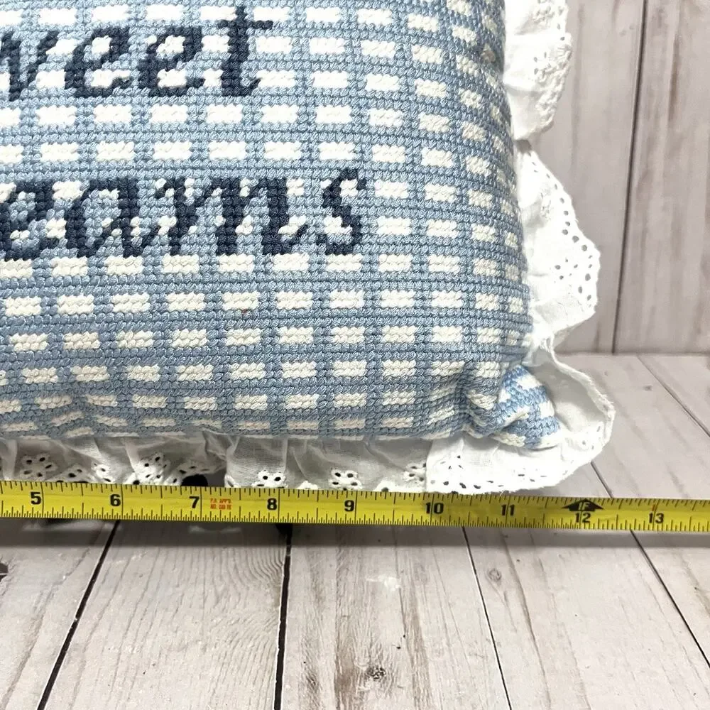 Magaschoni Sweet Dreams Needlepoint Pillow Blue White Ruffle Grandmillennial